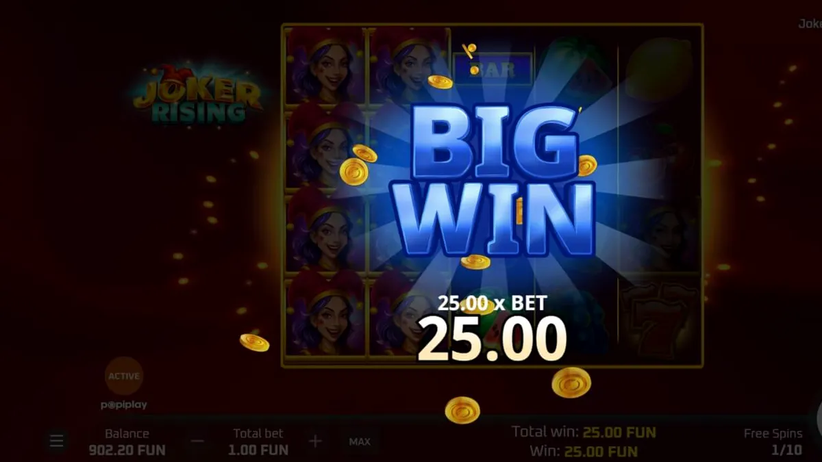Tampilan antarmuka mobile slot Joker Rising dengan grafis neon yang cerah