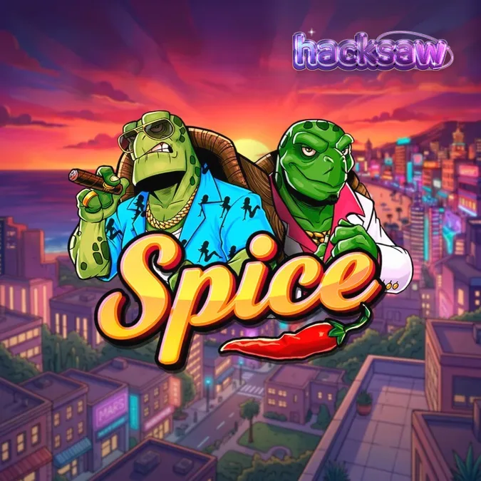 Tampilan visual slot Spice dengan grid 6x6 dan karakter kura-kura yang ceria
